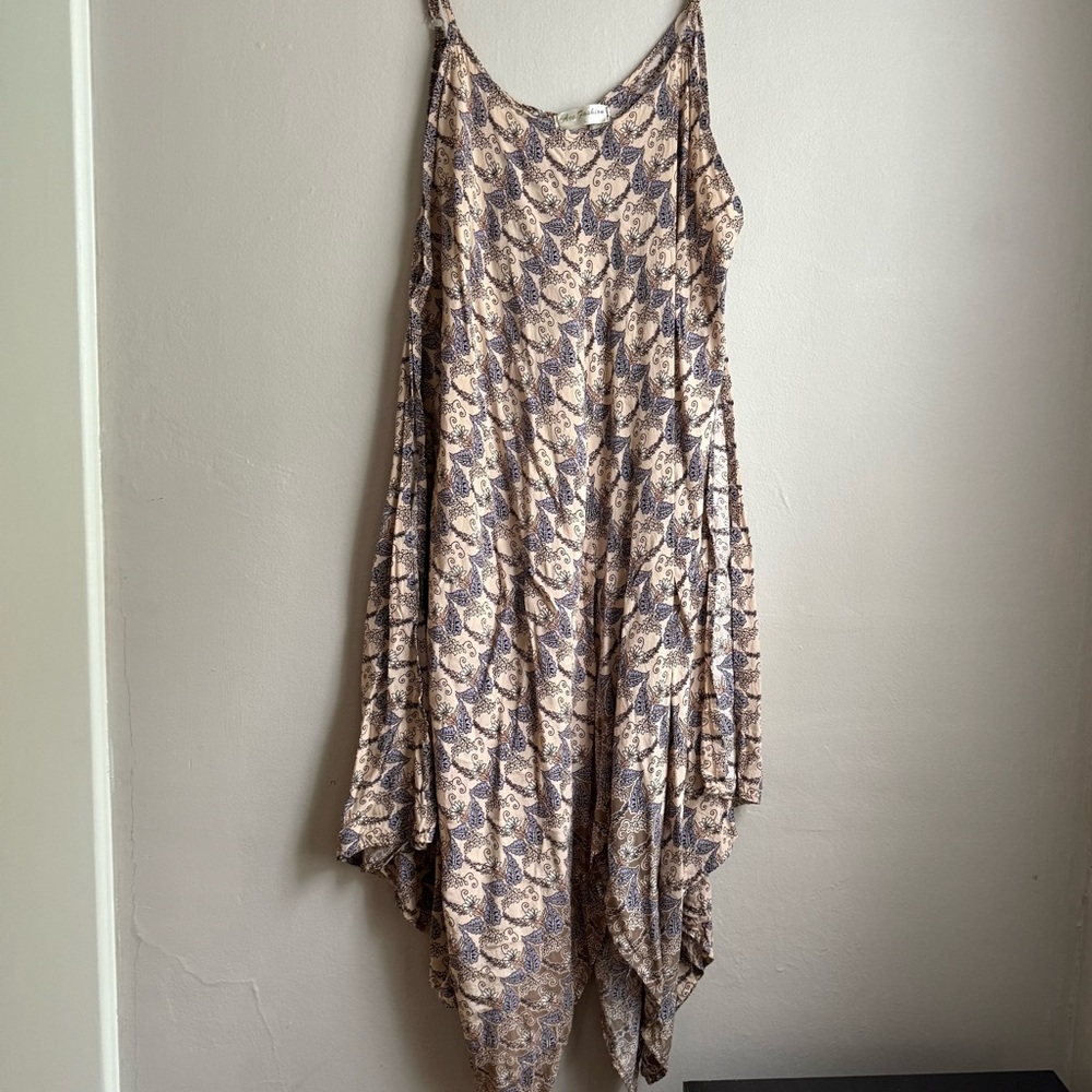Floral Print Boho Handkerchief Soft Neutral Pink  Dress and Periwinkle Large